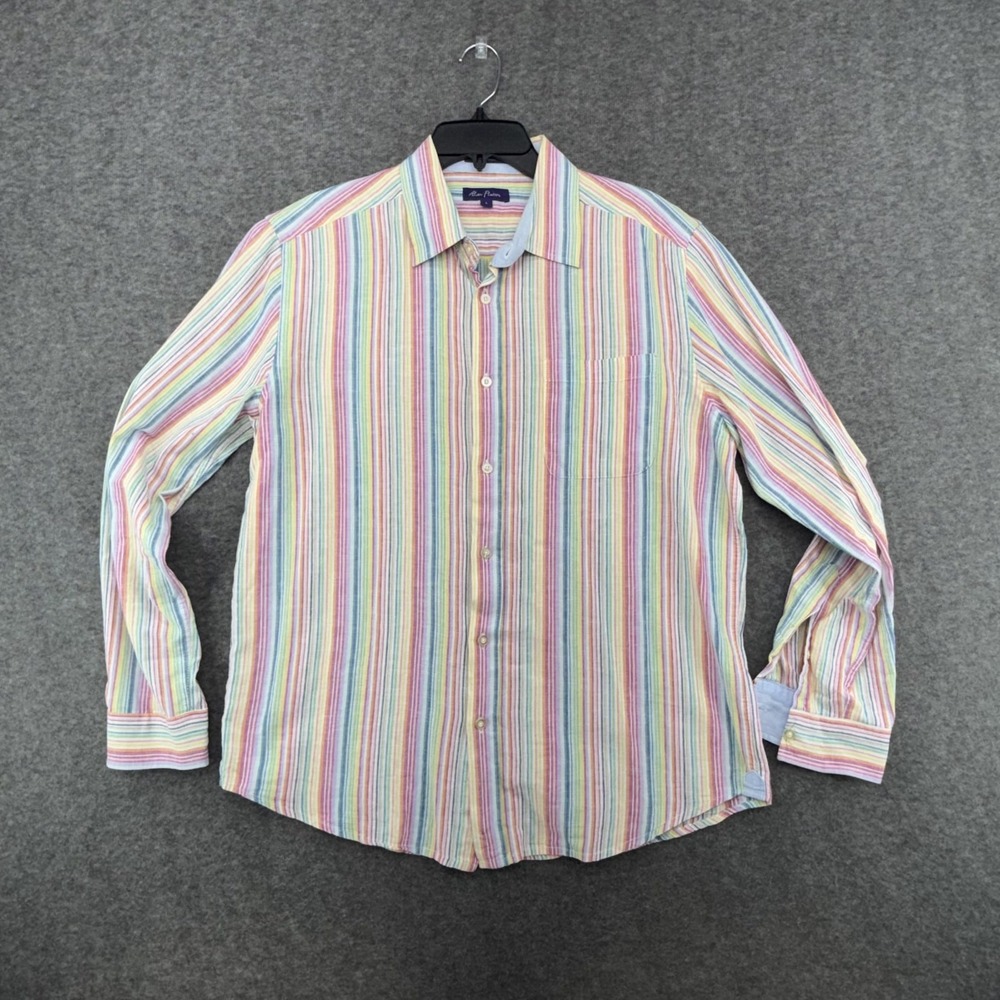 Alan Flusser Mens L Multicolor Stripe Linen Cotton Long Sleeve Button Up Shirt